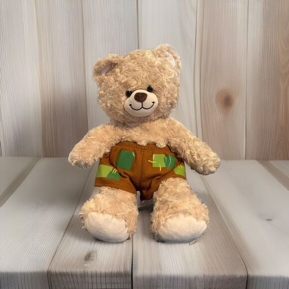 Build a Teddy Bear Tan Happy Hugs Swirl Plush Stuffed Animal 16” W/ Patch Shorts - Picture 1 of 6